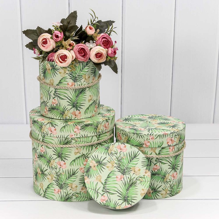 7201450/3 Коробки Цилиндр Набор 1/3 18*17 "Цветы на салатовом фоне" 1/36