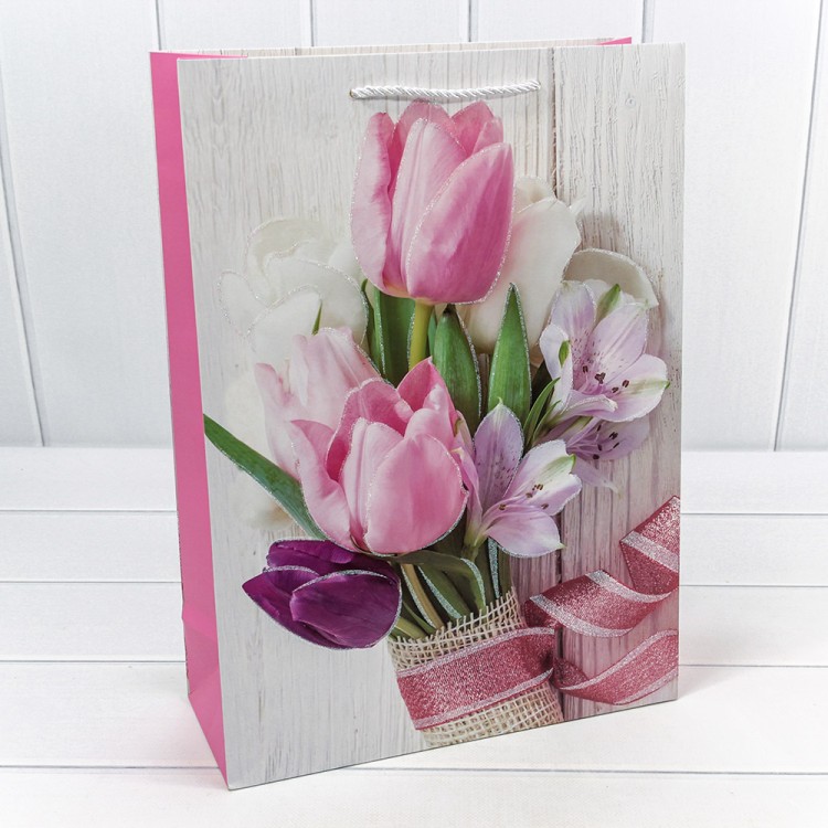 000312A Пакет подарочный с блёстками "Тюльпаны" (микс 312) 30*41,5*12 210г 1/20 1/80