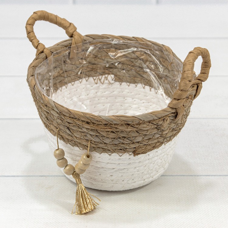 420125/1 Корзина плетёная Круглая 15*12 (±5%) из камыша и бумаги с ручками Натуральный/Белый 1/96 420125/1 Корзина плетёная Круглая 15*12 (±5%) из камыша и бумаги с ручками Натуральный/Белый 1/96