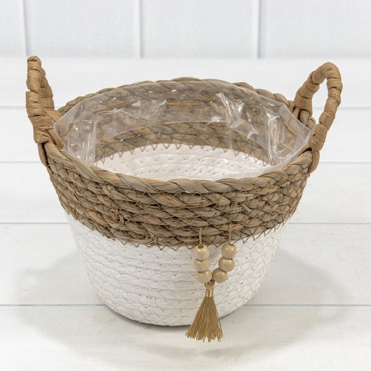 420126/1 Корзина плетёная Круглая 18*13 (±5%) из камыша и бумаги с ручками Натуральный/Белый 1/96 420126/1 Корзина плетёная Круглая 18*13 (±5%) из камыша и бумаги с ручками Натуральный/Белый 1/96