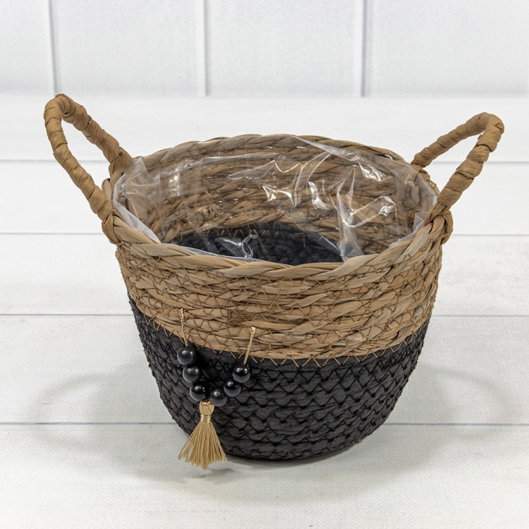 420126/8 Корзина плетёная Круглая 18*13 (±5%) из камыша и бумаги с ручками Натуральный/Чёрный 1/96 420126/8 Корзина плетёная Круглая 18*13 (±5%) из камыша и бумаги с ручками Натуральный/Чёрный 1/96