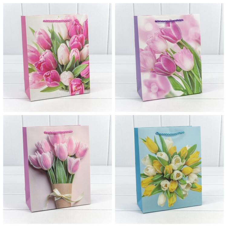 000311E Пакет подарочный с блёстками "Тюльпаны" (микс-311) 18*23*10 210г 1/20 1/360
