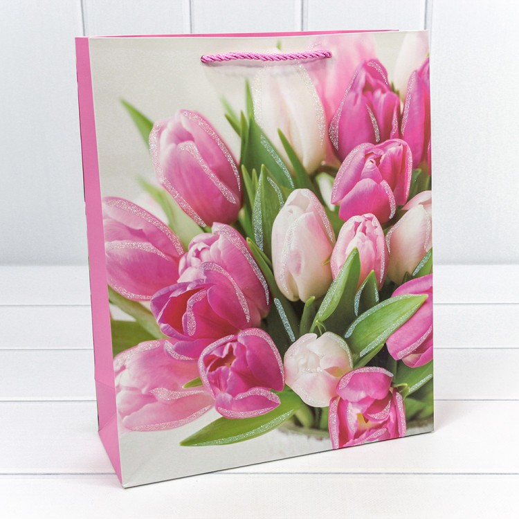 000311C Пакет подарочный с блёстками "Тюльпаны" (микс-311) 26*32*10 210г 1/20 1/240