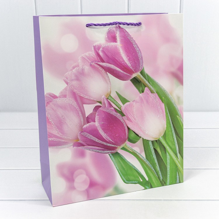 000311C Пакет подарочный с блёстками "Тюльпаны" (микс-311) 26*32*10 210г 1/20 1/240