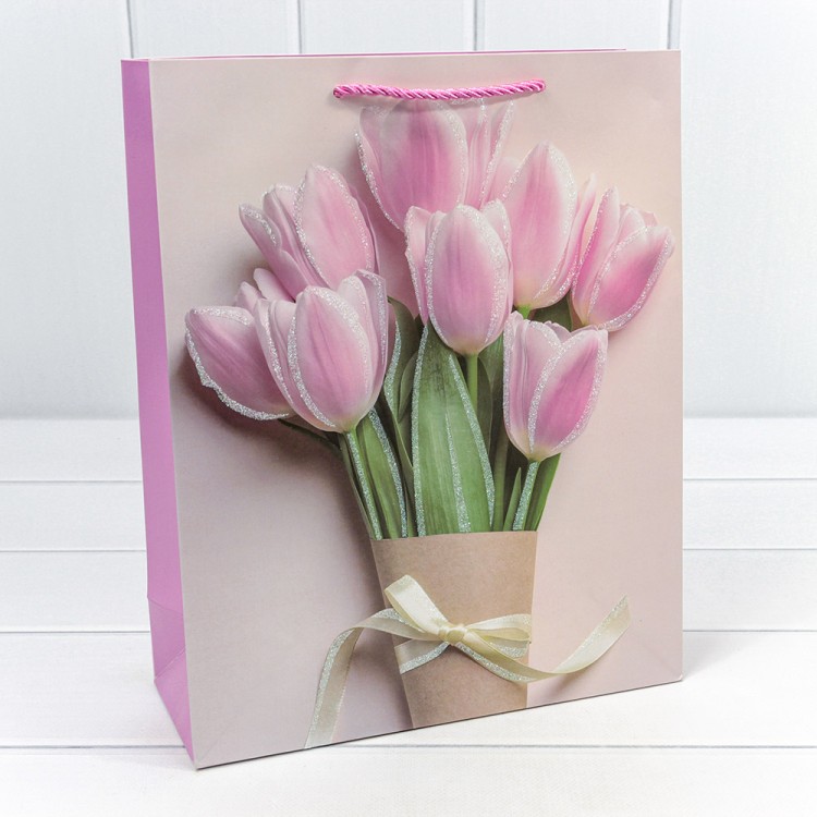 000311C Пакет подарочный с блёстками "Тюльпаны" (микс-311) 26*32*10 210г 1/20 1/240