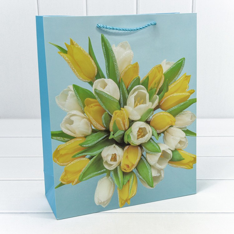 000311C Пакет подарочный с блёстками "Тюльпаны" (микс-311) 26*32*10 210г 1/20 1/240