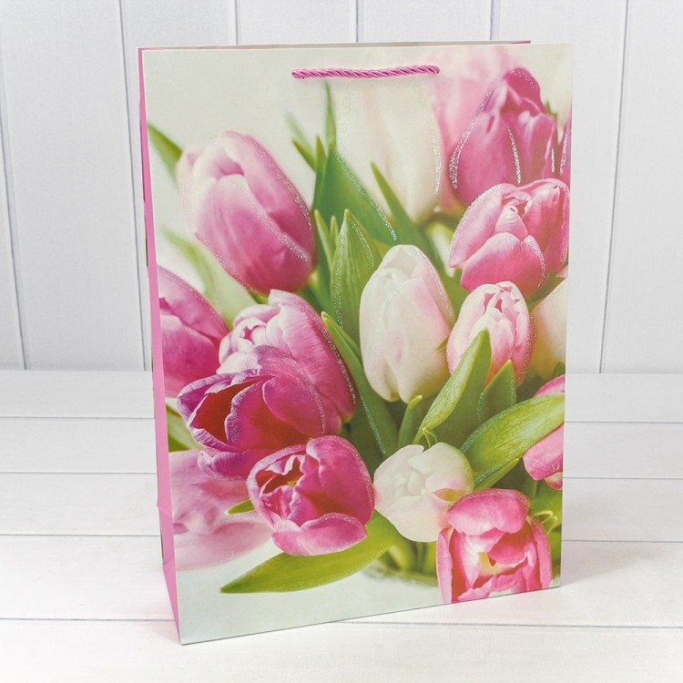 000311A Пакет подарочный с блёстками "Тюльпаны" (микс-311) 30*41,5*12 210г 1/20 1/80